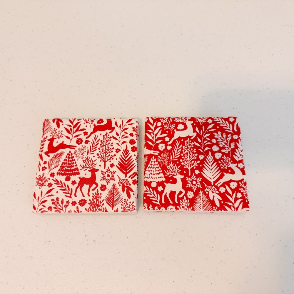 Festive Red and White Scandinavian Style Holiday Coasters
